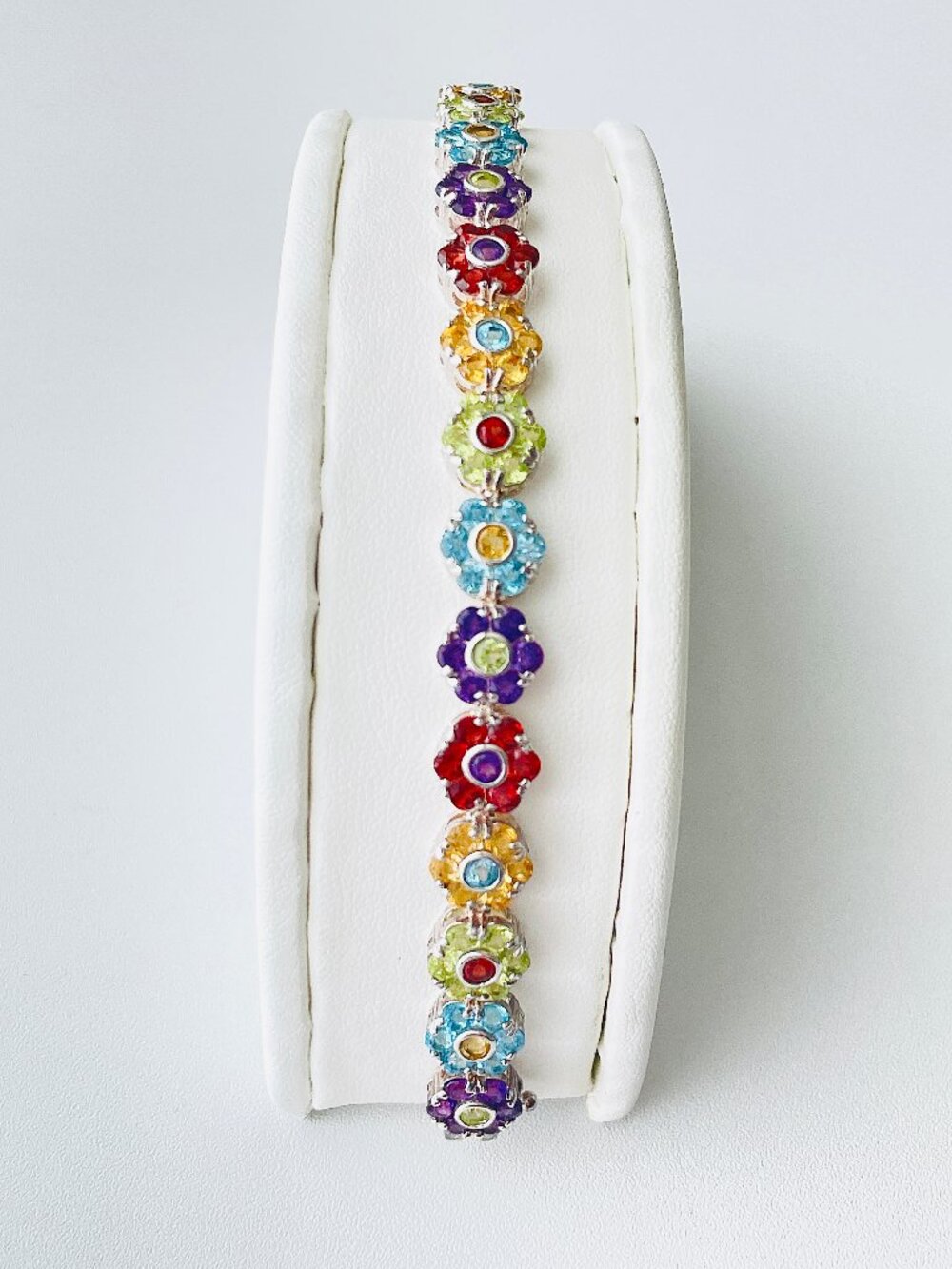 Vintage 925 Sterling Silver Multi Gemstone Flower Bracelet Garnet Amethyst Topaz